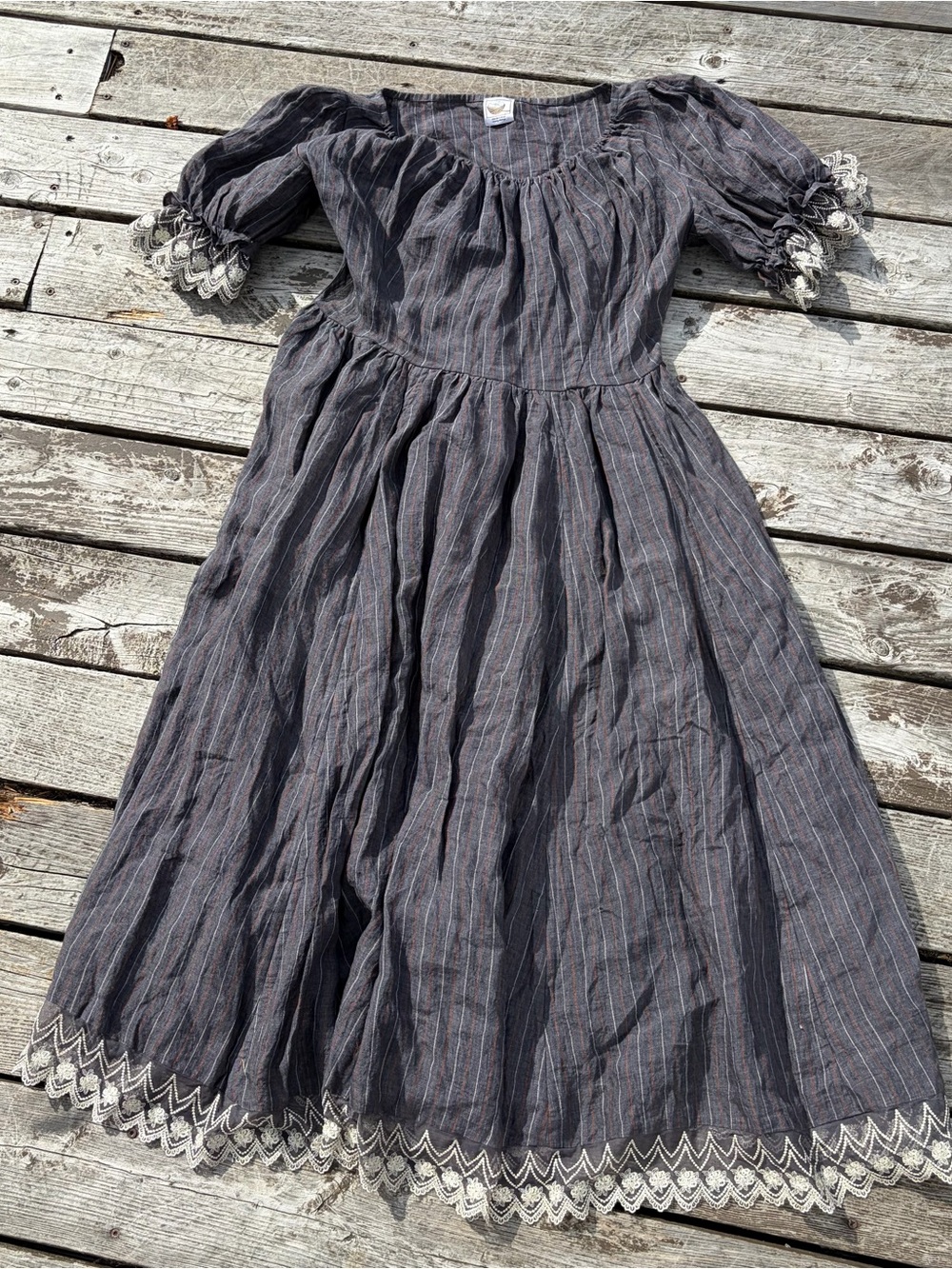 LinenNaive Elowen Lace Linen dress gown ( 2 way to wear ) Grey Stripes